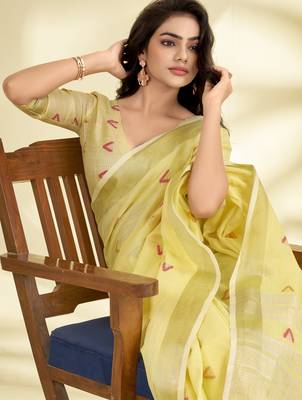 Women's yellow linen silk blend woven saree with unstitched silk blend blouse piece 3