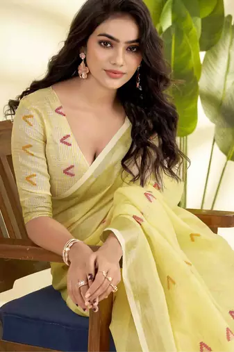Women's yellow linen silk blend woven saree with unstitched silk blend blouse piece