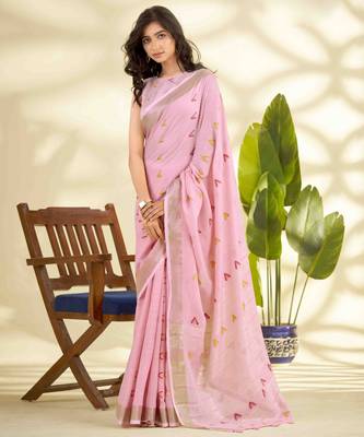 Women's pink linen silk blend woven saree with unstitched silk blend blouse piece 1