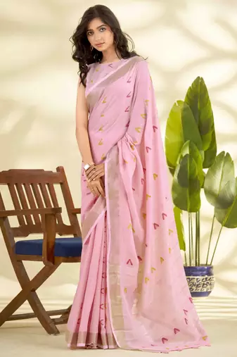 Women's pink linen silk woven  saree with unstitched silk blouse piece