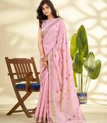 Women's pink linen silk woven  saree with unstitched silk blouse piece