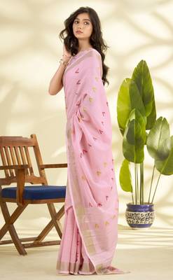 Women's pink linen silk blend woven saree with unstitched silk blend blouse piece 2