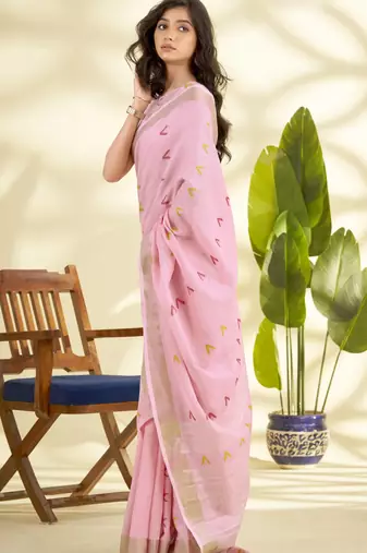 Women's pink linen silk blend woven saree with unstitched silk blend blouse piece