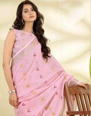 Women's pink linen silk blend woven saree with unstitched silk blend blouse piece 3