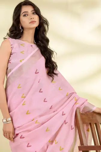 Women's pink linen silk blend woven saree with unstitched silk blend blouse piece