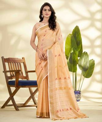 Women's orange linen silk blend woven saree with unstitched silk blend blouse piece 1