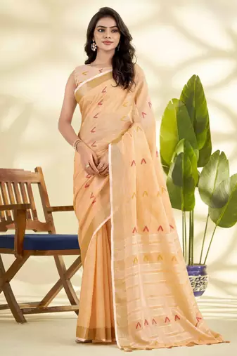 Women's orange linen silk woven  saree with unstitched silk blouse piece