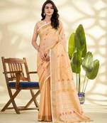 Women's orange linen silk woven  saree with unstitched silk blouse piece
