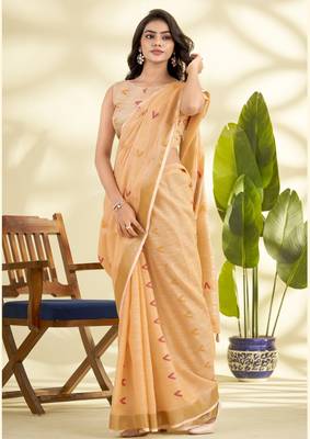 Women's orange linen silk blend woven saree with unstitched silk blend blouse piece 2
