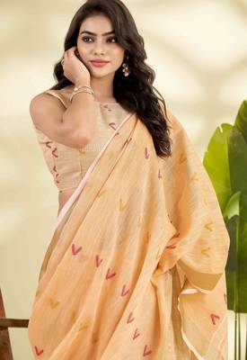Women's orange linen silk blend woven saree with unstitched silk blend blouse piece 3