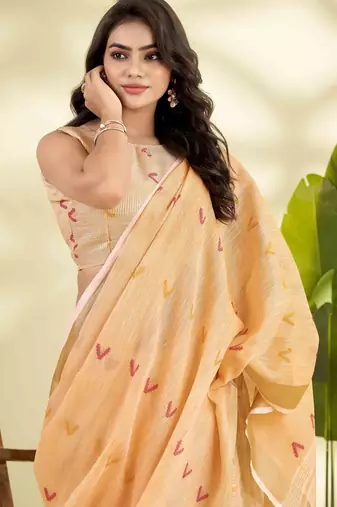 Women's orange linen silk blend woven saree with unstitched silk blend blouse piece