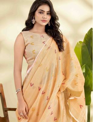 Women's orange linen silk blend woven saree with unstitched silk blend blouse piece 4