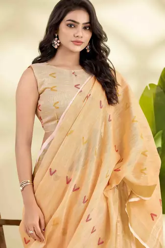 Women's orange linen silk blend woven saree with unstitched silk blend blouse piece