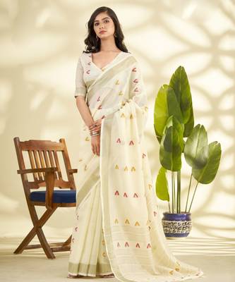 Women's cream linen silk blend woven saree with unstitched silk blend blouse piece 1