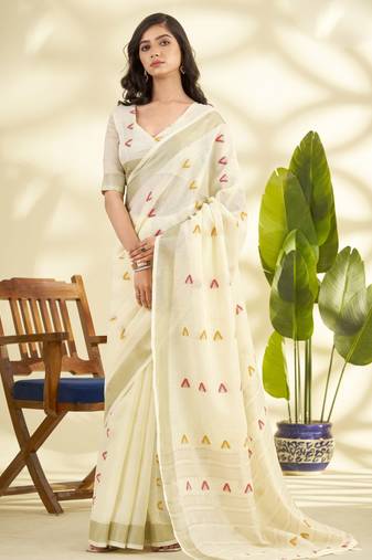 Women's cream linen silk woven  saree with unstitched silk blouse piece
