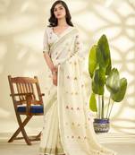 Women's cream linen silk woven  saree with unstitched silk blouse piece