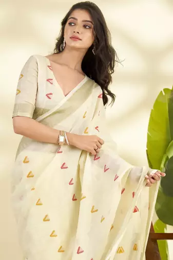 Women's cream linen silk blend woven saree with unstitched silk blend blouse piece