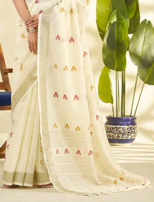 Women's cream linen silk blend woven saree with unstitched silk blend blouse piece 3