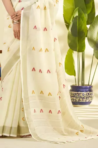 Women's cream linen silk blend woven saree with unstitched silk blend blouse piece