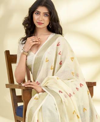Women's cream linen silk blend woven saree with unstitched silk blend blouse piece 4