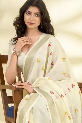 Women's cream linen silk blend woven saree with unstitched silk blend blouse piece
