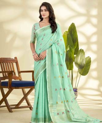 Women's turquoise linen silk blend woven saree with unstitched silk blend blouse piece 1