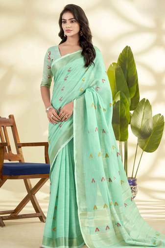 Women's turquoise linen silk woven  saree with unstitched silk blouse piece