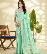 Women's turquoise linen silk woven  saree with unstitched silk blouse piece