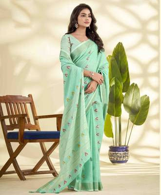 Women's turquoise linen silk blend woven saree with unstitched silk blend blouse piece 2