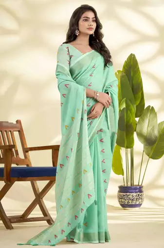 Women's turquoise linen silk blend woven  saree with unstitched silk blend blouse piece
