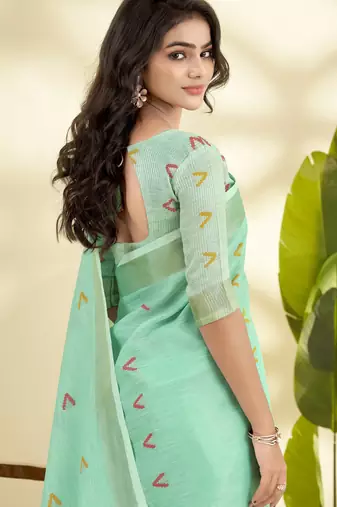 Women's turquoise linen silk blend woven  saree with unstitched silk blend blouse piece