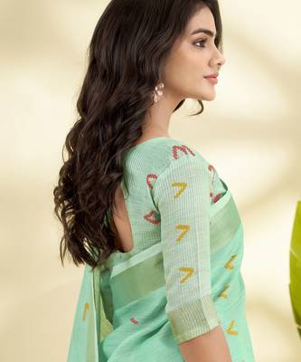 Women's turquoise linen silk blend woven saree with unstitched silk blend blouse piece 4