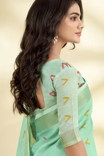 Women's turquoise linen silk blend woven  saree with unstitched silk blend blouse piece