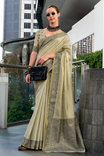 Women's khaki silk blend woven  saree with unstitched silk blouse piece