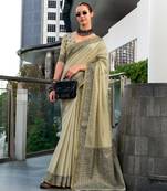 Women's khaki silk blend woven  saree with unstitched silk blouse piece