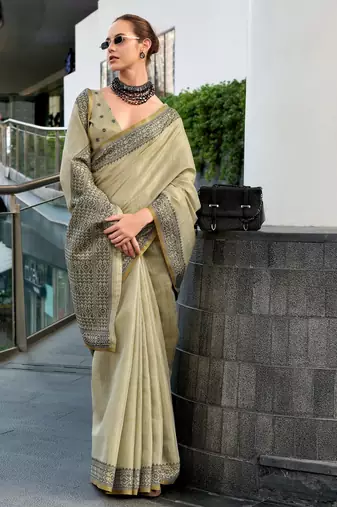 Women's khaki silk blend woven saree with unstitched silk blend blouse piece