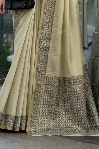 Women's khaki silk blend woven saree with unstitched silk blend blouse piece