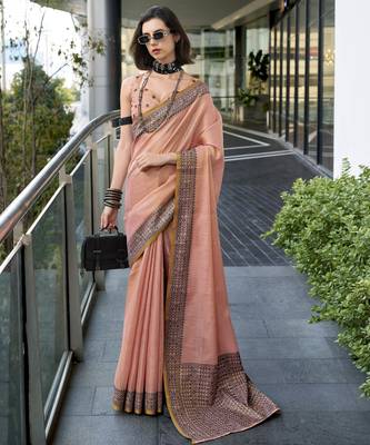 Women's peach silk blend woven saree with unstitched silk blend blouse piece 1