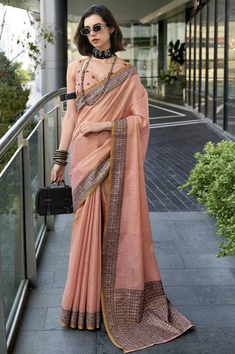 Women's peach silk blend woven  saree with unstitched silk blouse piece