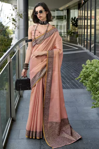 Women's peach silk blend woven  saree with unstitched silk blouse piece