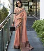 Women's peach silk blend woven  saree with unstitched silk blouse piece
