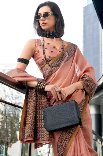Women's peach silk blend woven saree with unstitched silk blend blouse piece