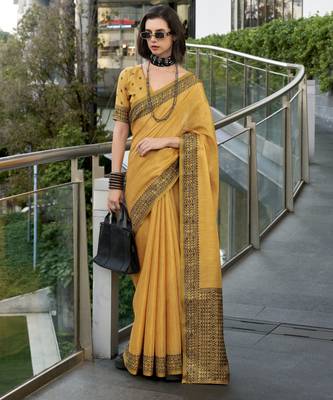 Women's mustard silk blend woven saree with unstitched silk blend blouse piece 1