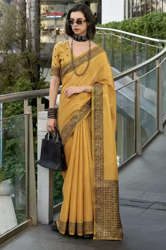 Women's mustard silk blend woven  saree with unstitched silk blouse piece