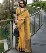 Women's mustard silk blend woven  saree with unstitched silk blouse piece