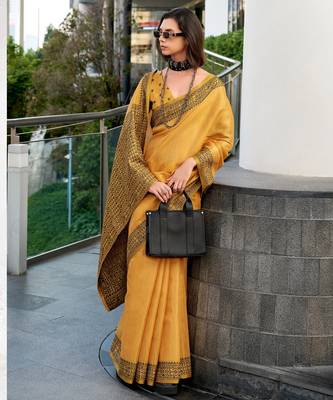 Women's mustard silk blend woven saree with unstitched silk blend blouse piece 2