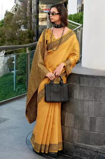 Women's mustard silk blend woven saree with unstitched silk blend blouse piece