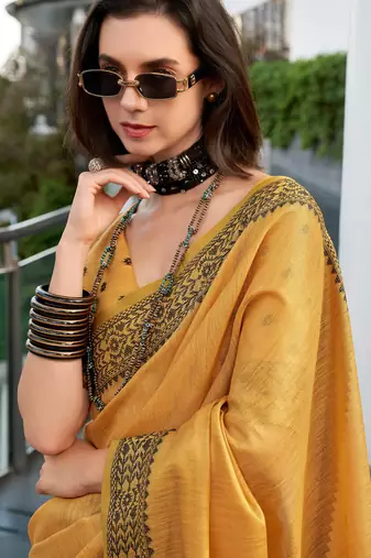 Women's mustard silk blend woven saree with unstitched silk blend blouse piece