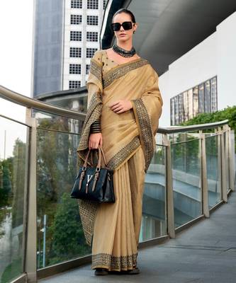 Women's beige silk blend woven saree with unstitched silk blend blouse piece 1