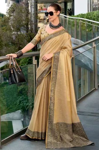 Women's beige silk blend woven  saree with unstitched silk blend blouse piece